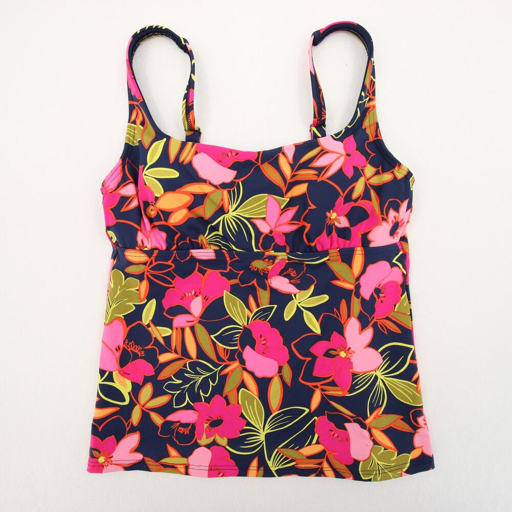 Lands End Tankini Top Navy Blue Pink Floral Scoop Neck Underwire Tropical 2P